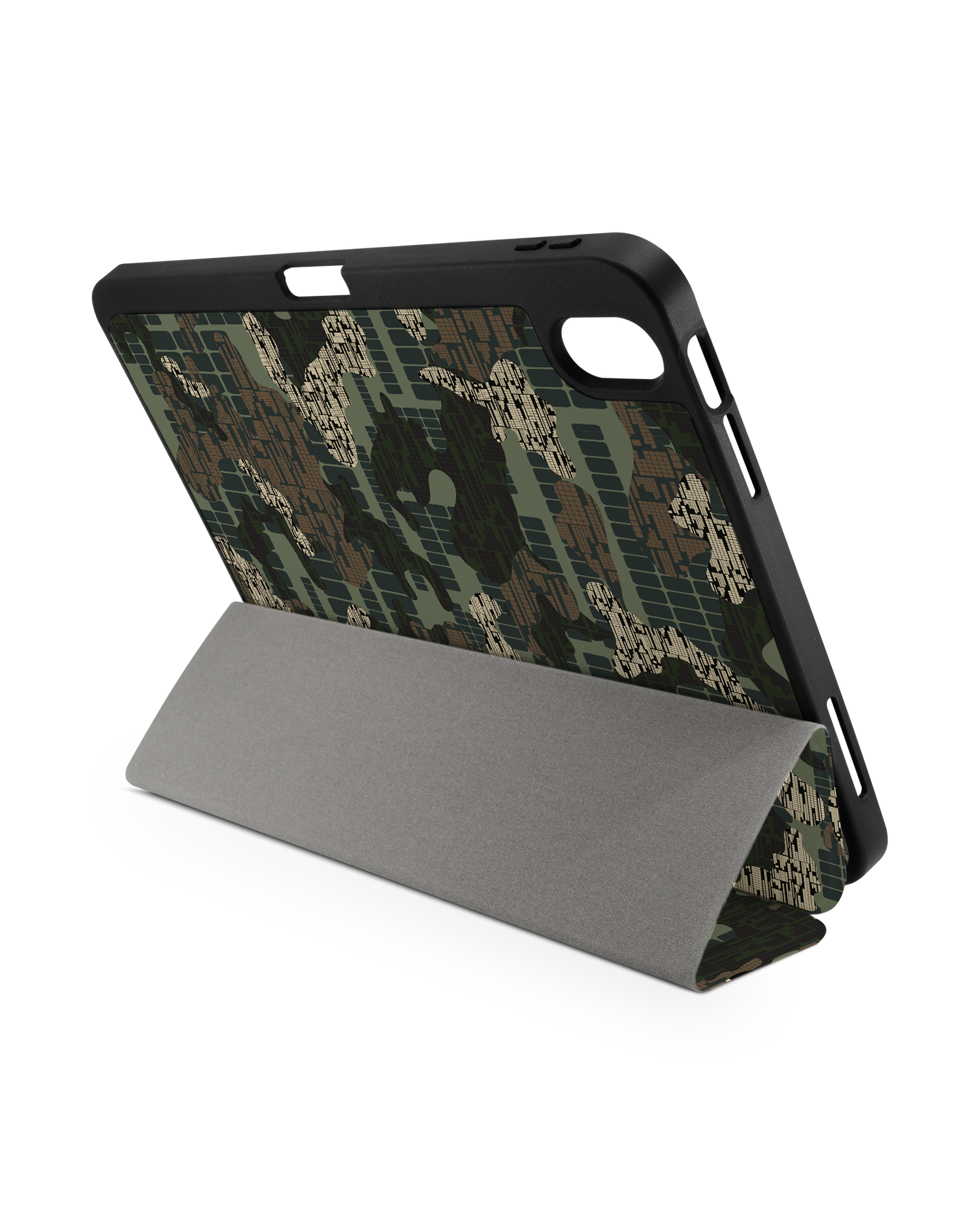 Green Camo Mix iPad Case with Pencil Holder for Apple iPad (10th Generation): Set up in landscape format (back view)
