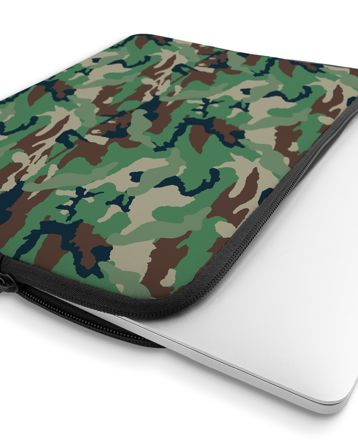 Green and Brown Camo Laptop Case 13 inch with device inside