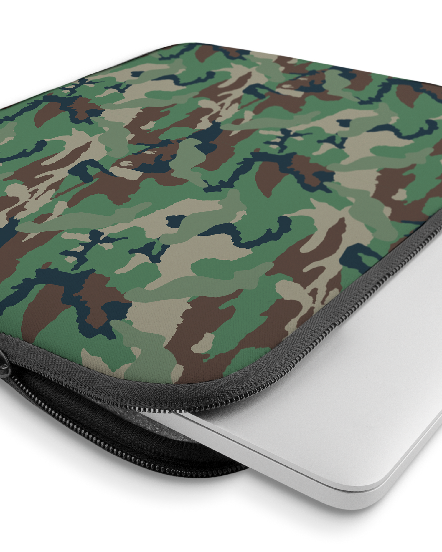 Green and Brown Camo Laptop Case 15 inch with device inside