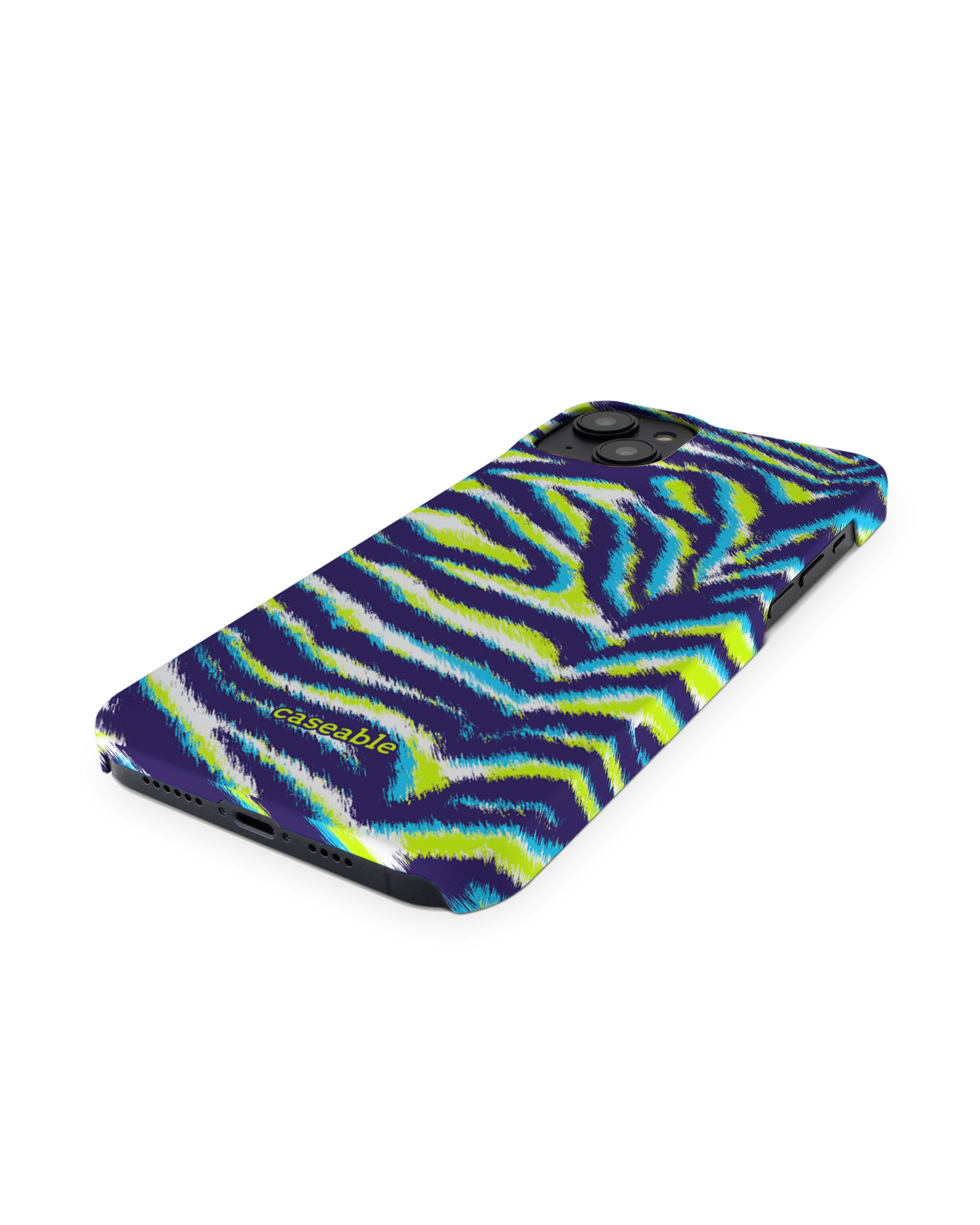Neon Zebra Hard Shell Phone Case for Apple iPhone 14 Plus: Perspective view