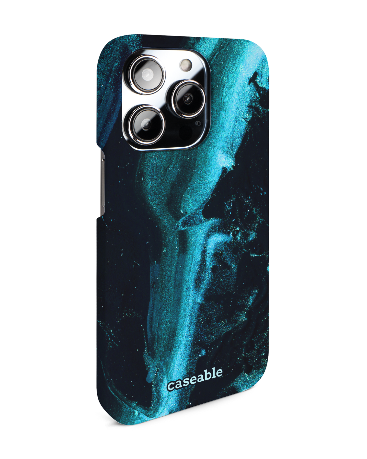 Deep Turquoise Sparkle Hard Shell Phone Case for Apple iPhone 14 Pro: View from the left side