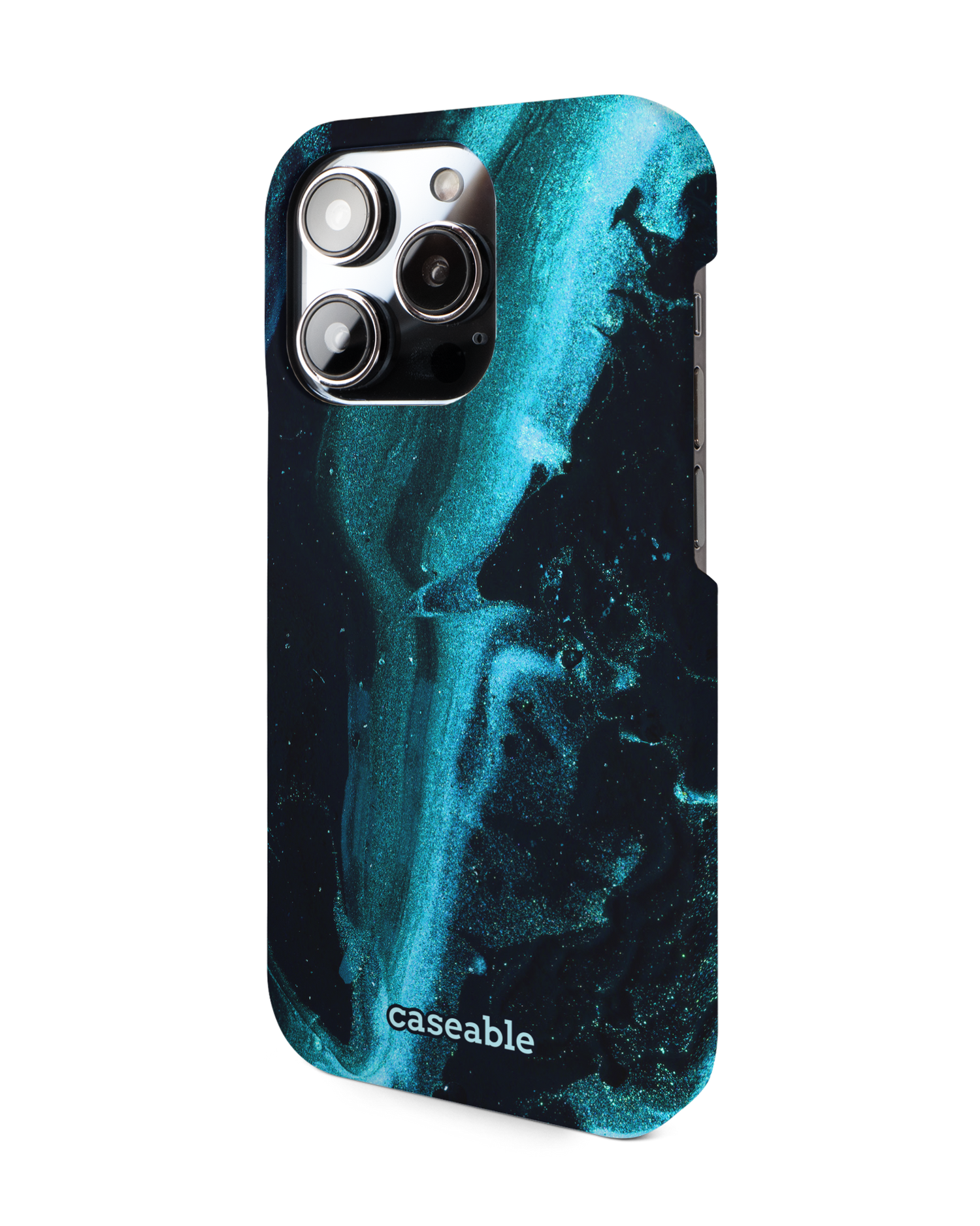Deep Turquoise Sparkle Hard Shell Phone Case for Apple iPhone 14 Pro: View from the right side
