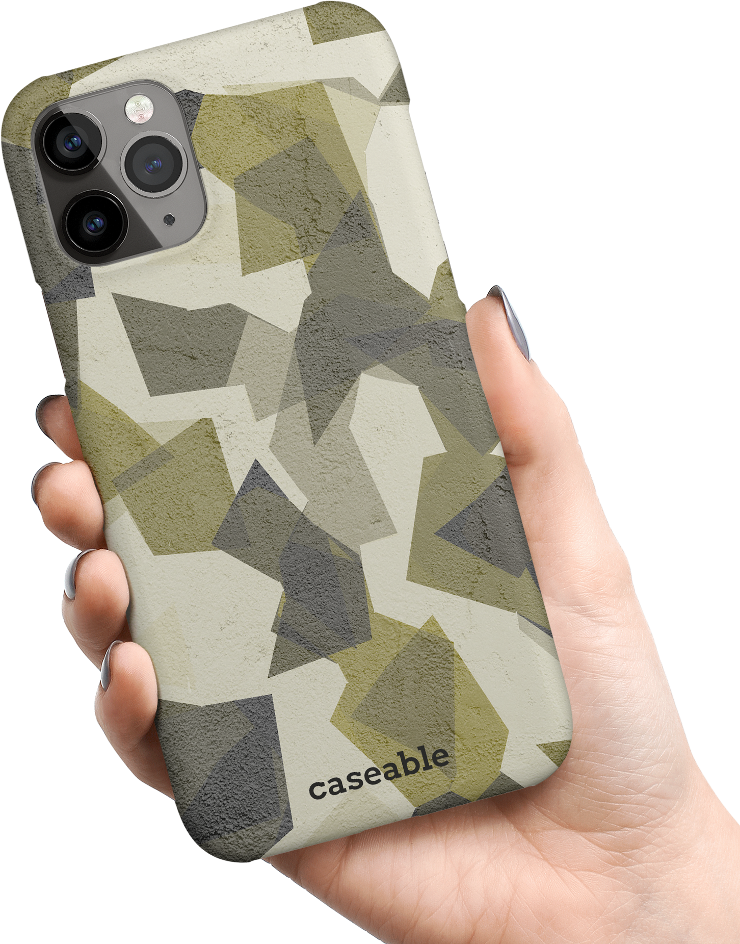 Geometric Camo Green Hard Shell Phone Case Apple iPhone 11 Pro held in hand