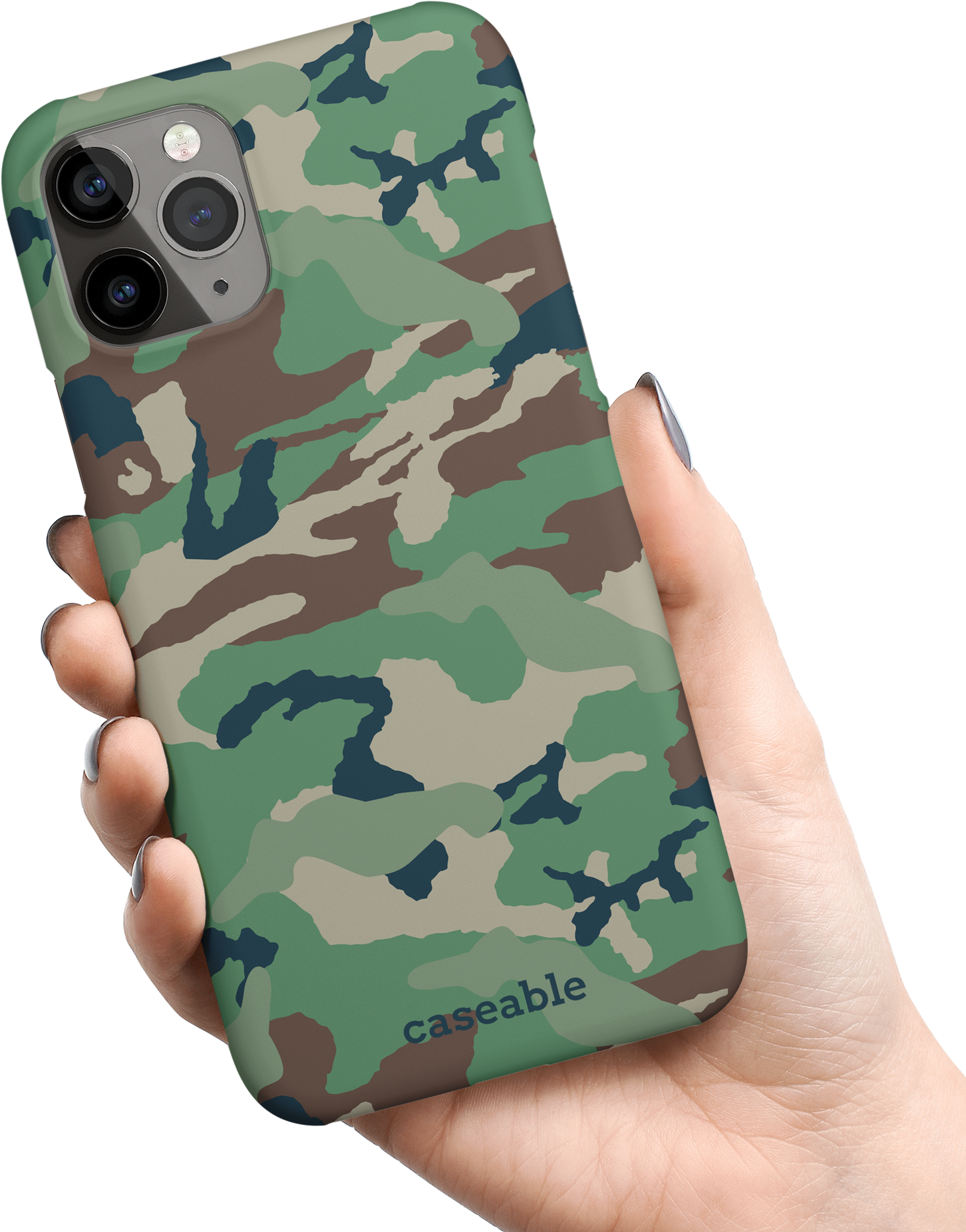 Green and Brown Camo Hard Shell Phone Case Apple iPhone 11 Pro held in hand