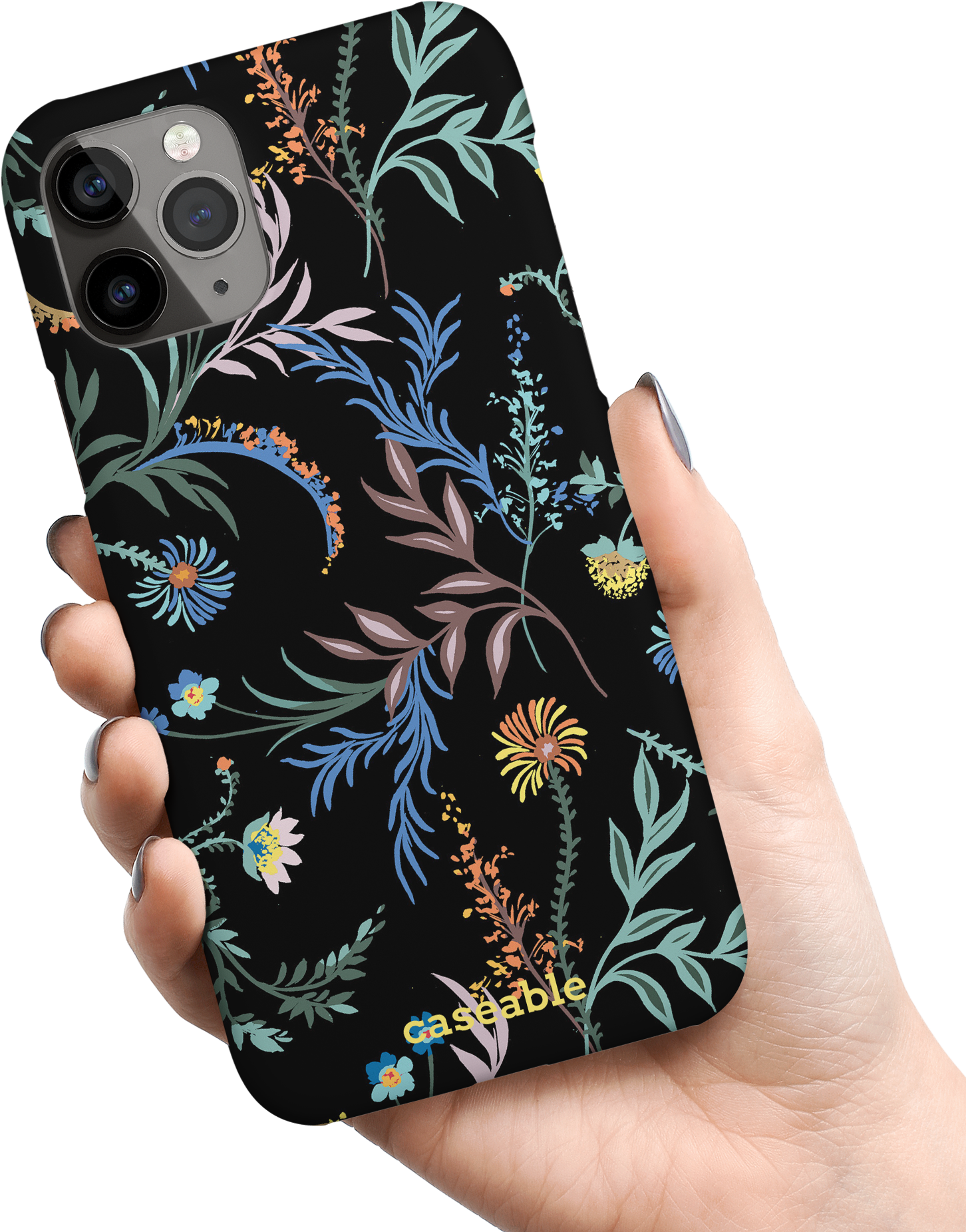 Woodland Spring Floral Hard Shell Phone Case Apple iPhone 11 Pro held in hand