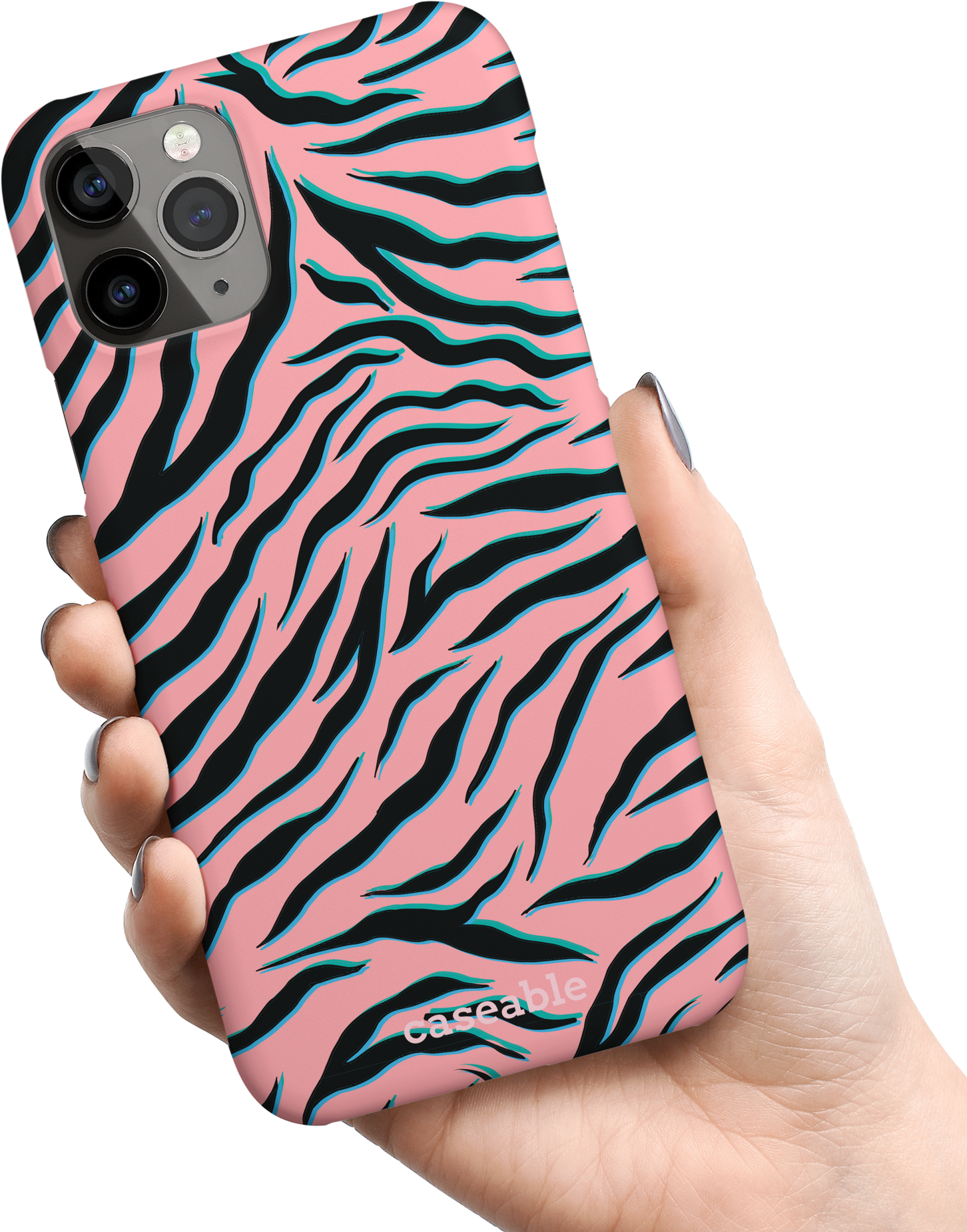Pink Zebra Hard Shell Phone Case Apple iPhone 11 Pro held in hand