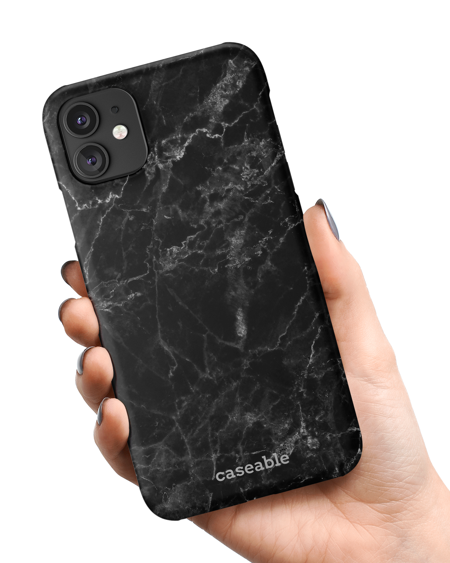 Midnight Marble Hard Shell Phone Case Apple iPhone 11 held in hand