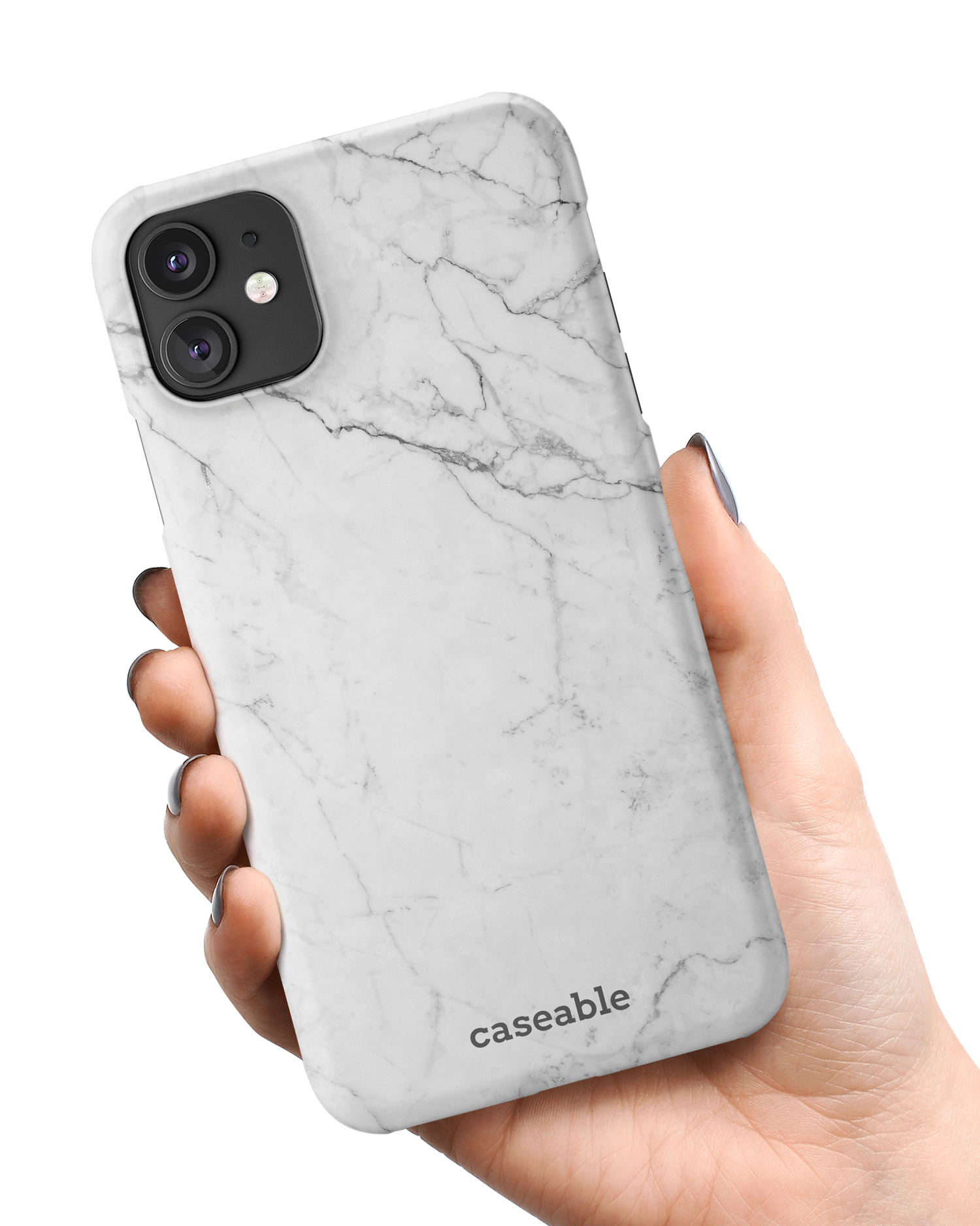 White Marble Hard Shell Phone Case Apple iPhone 11 held in hand