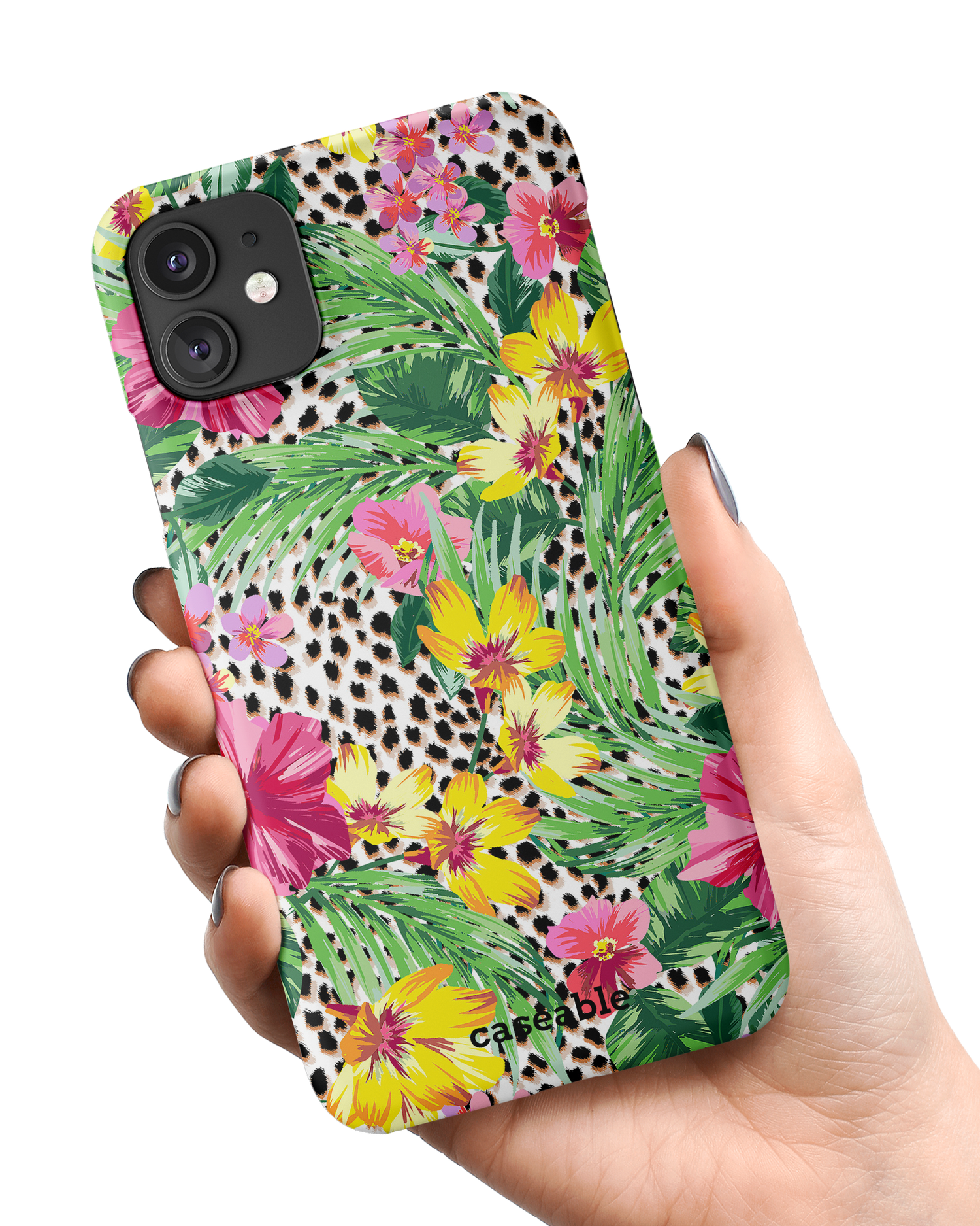 Tropical Cheetah Hard Shell Phone Case Apple iPhone 11 held in hand