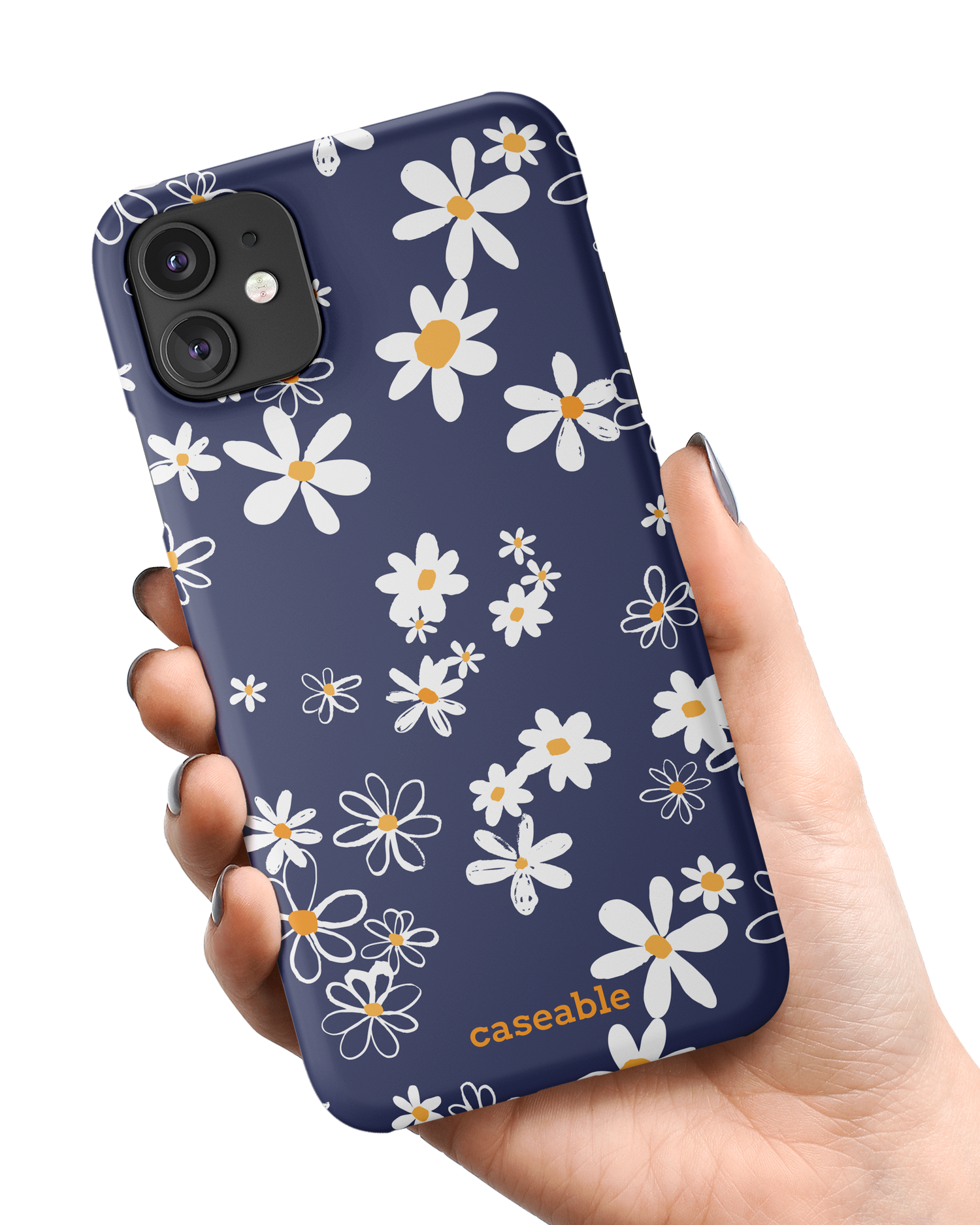 Navy Daisies Hard Shell Phone Case Apple iPhone 11 held in hand
