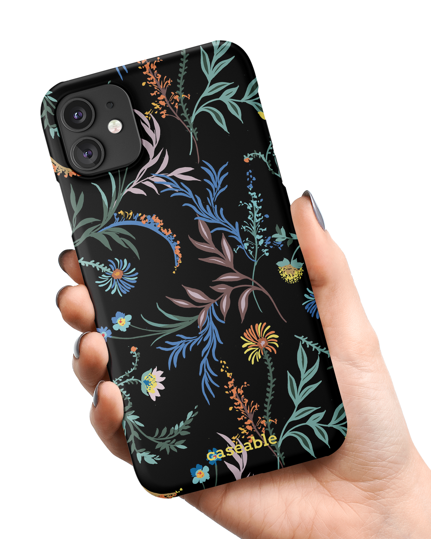 Woodland Spring Floral Hard Shell Phone Case Apple iPhone 11 held in hand