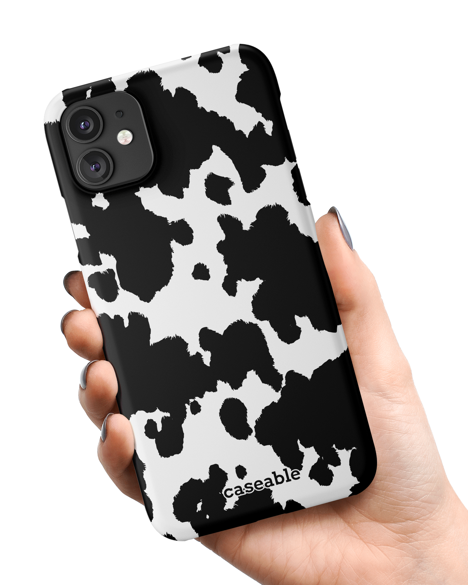 Cow Print Hard Shell Phone Case Apple iPhone 11 held in hand