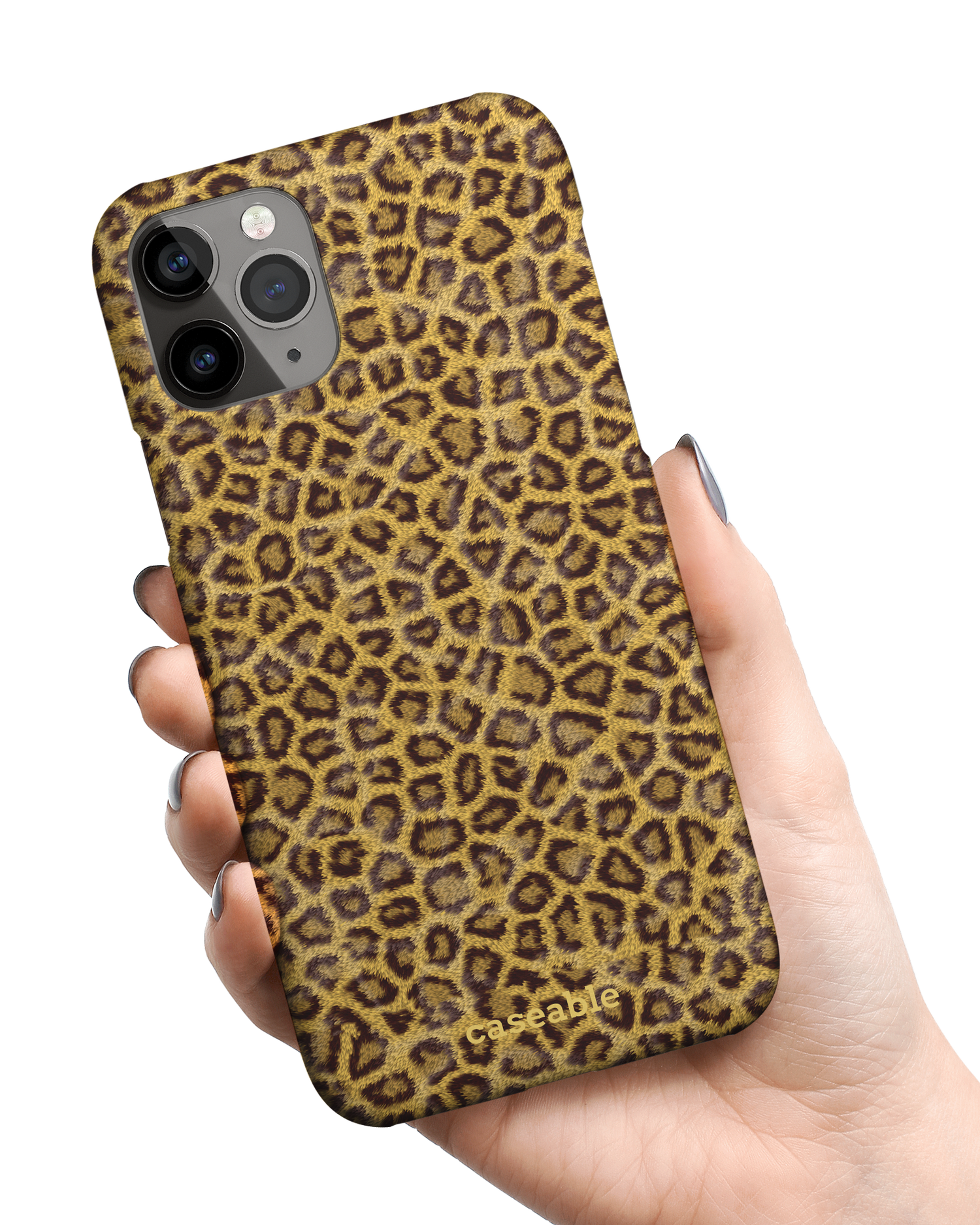 Leopard Skin Hard Shell Phone Case Apple iPhone 11 Pro Max held in hand