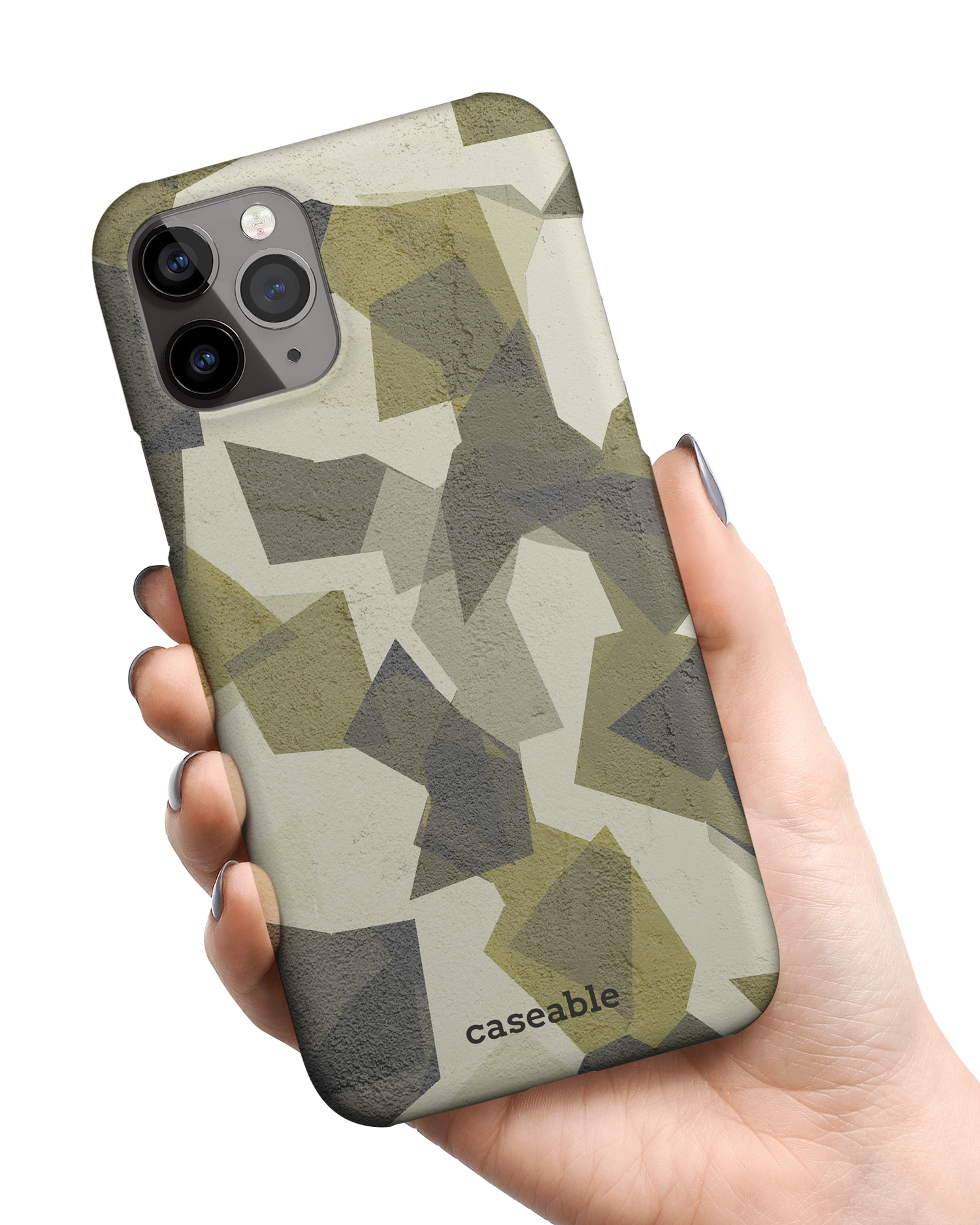 Geometric Camo Green Hard Shell Phone Case Apple iPhone 11 Pro Max held in hand