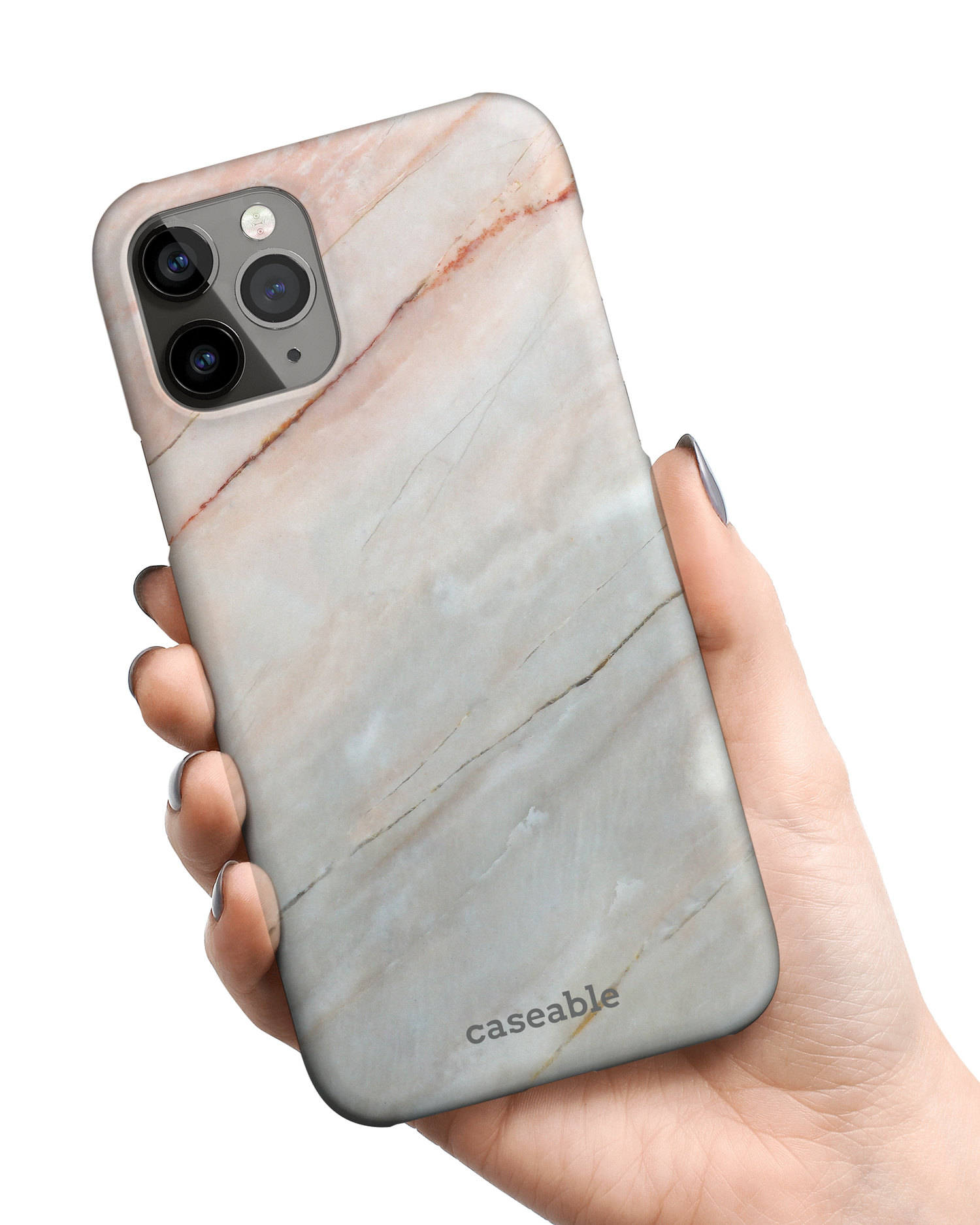Mother of Pearl Marble Hard Shell Phone Case Apple iPhone 11 Pro Max held in hand