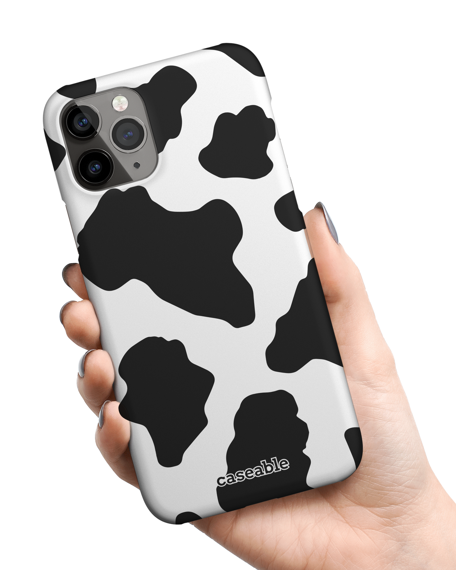 Cow Print 2 Hard Shell Phone Case Apple iPhone 11 Pro Max held in hand