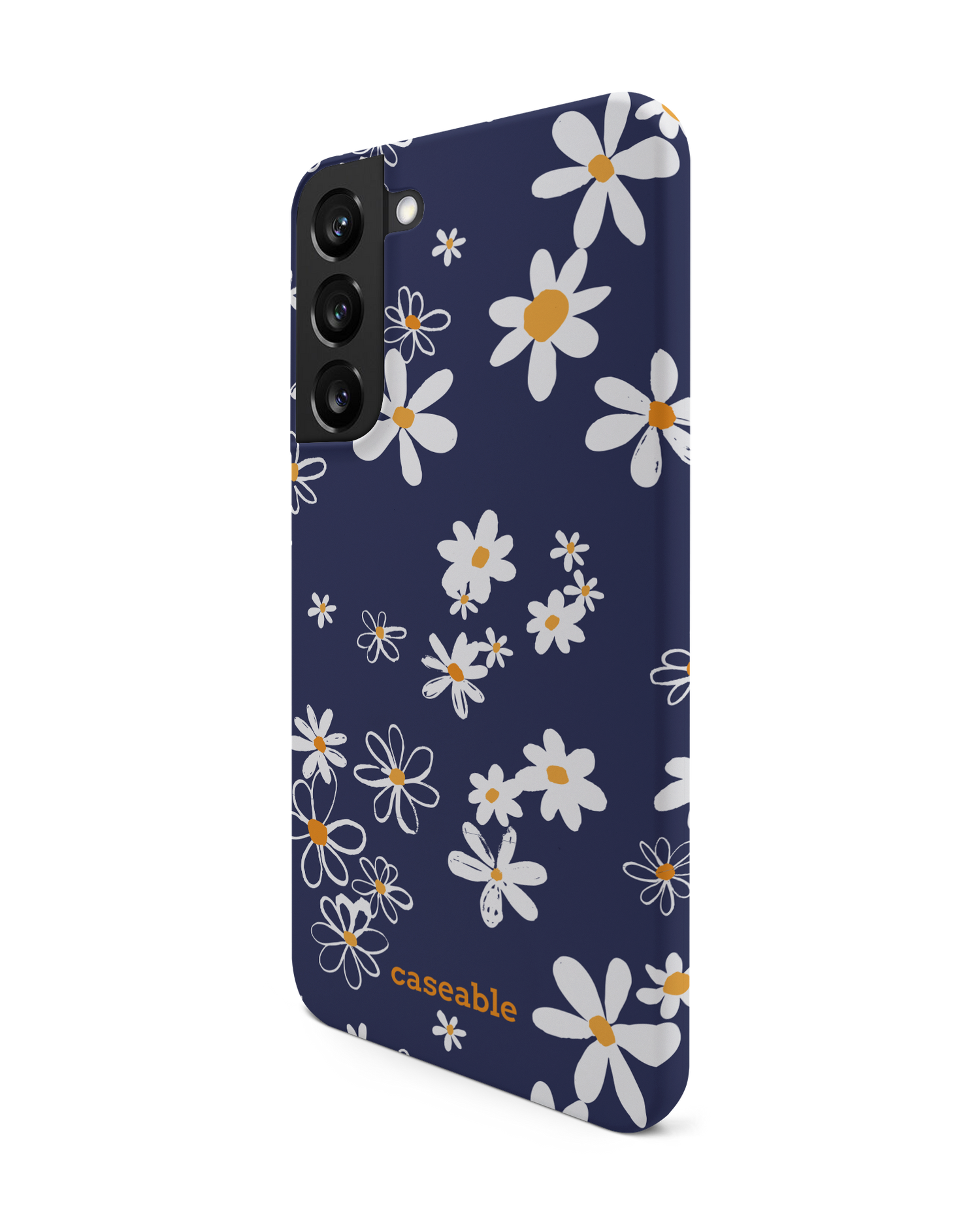 Navy Daisies Hard Shell Phone Case Samsung Galaxy S22 Plus 5G: View from the right side