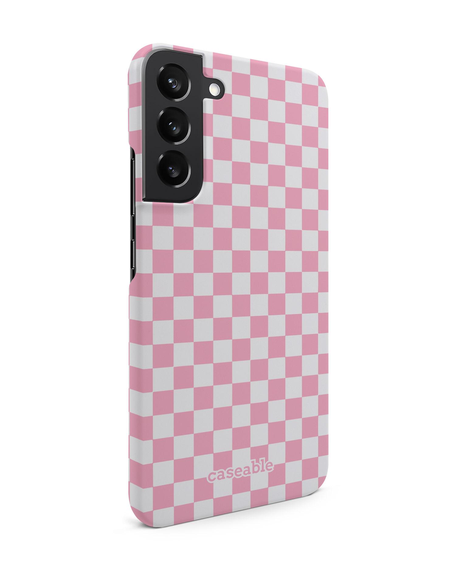 Pink Checkerboard Hard Shell Phone Case Samsung Galaxy S22 Plus 5G: View from the left side