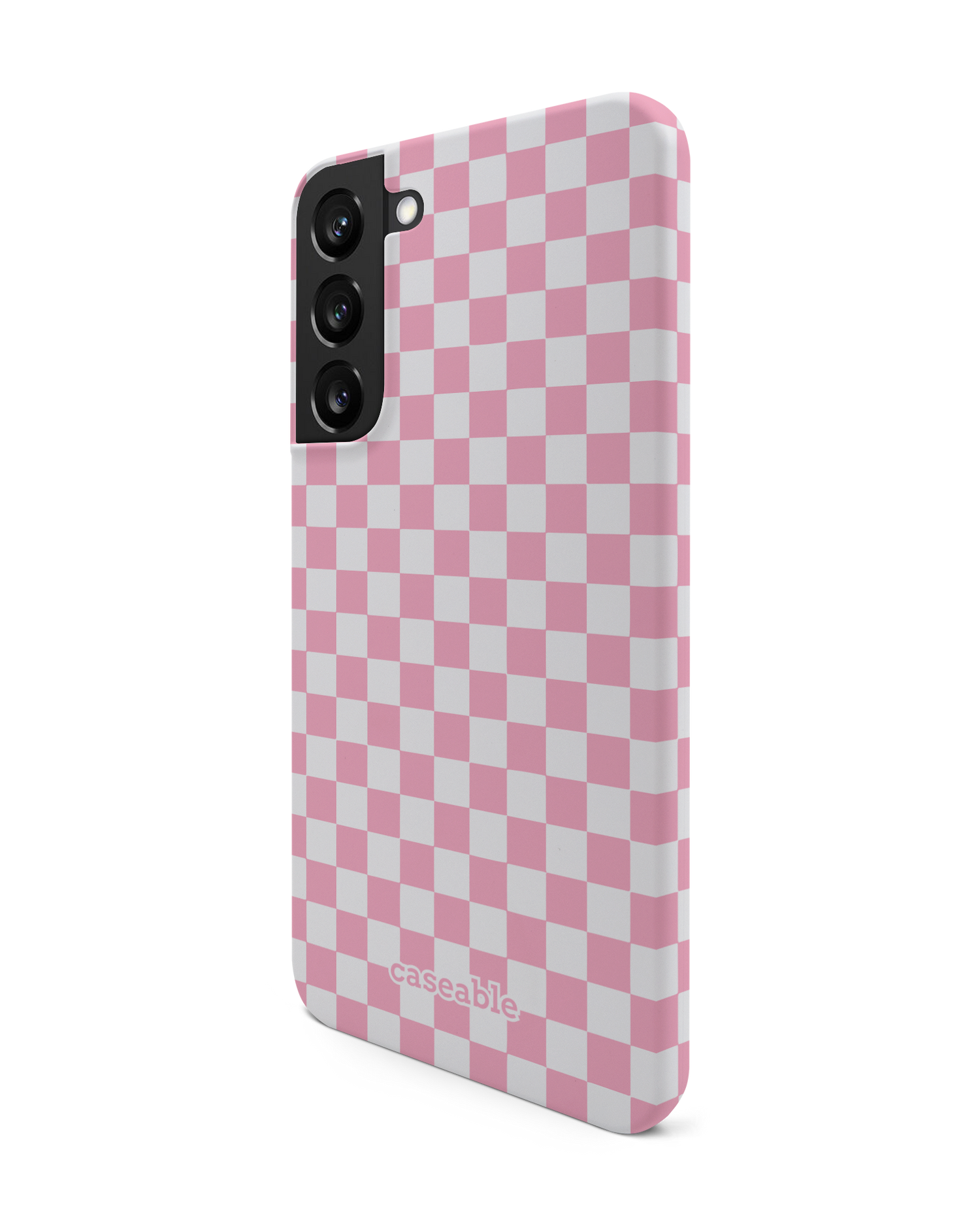 Pink Checkerboard Hard Shell Phone Case Samsung Galaxy S22 Plus 5G: View from the right side