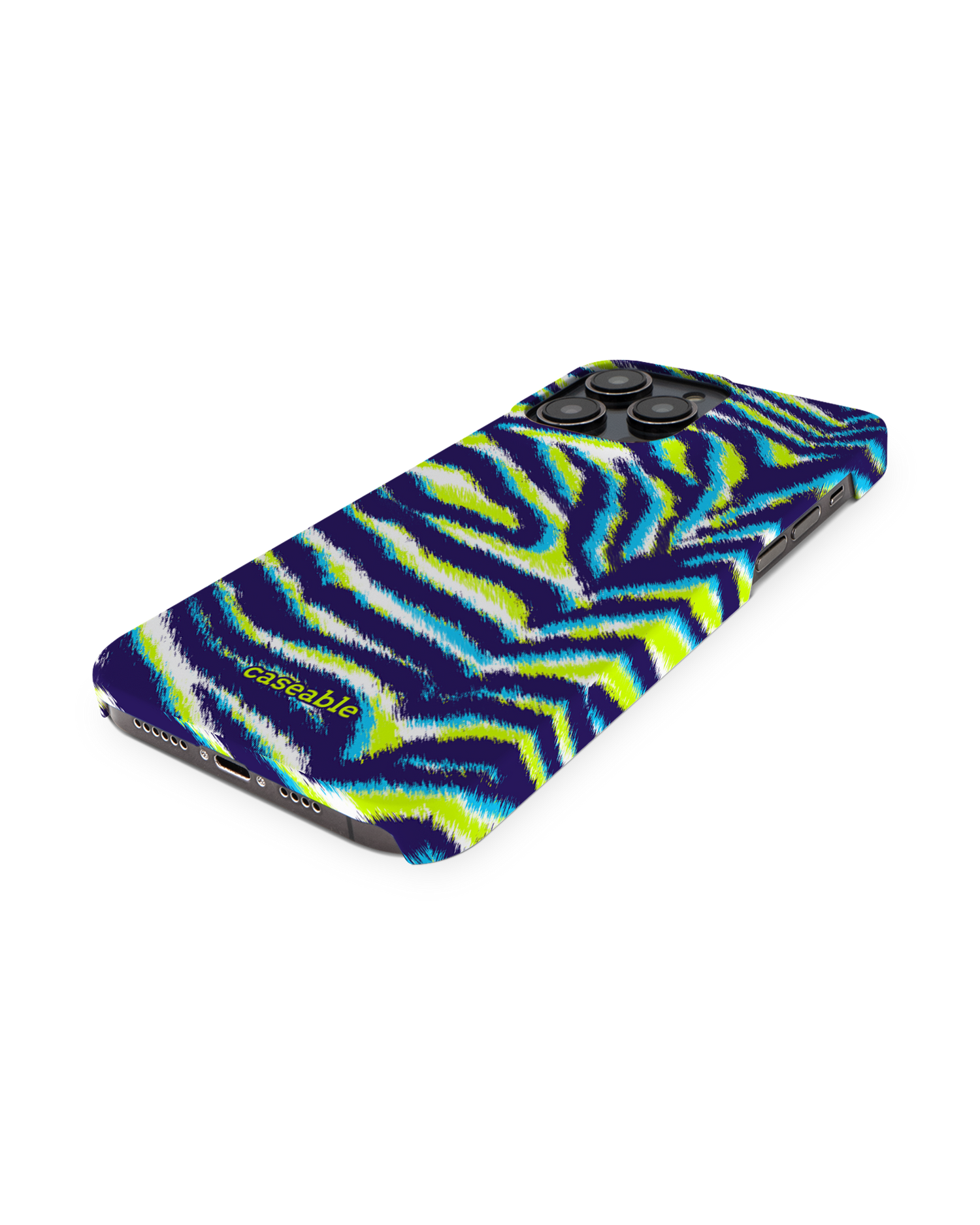 Neon Zebra Hard Shell Phone Case for Apple iPhone 14 Pro Max: Perspective view