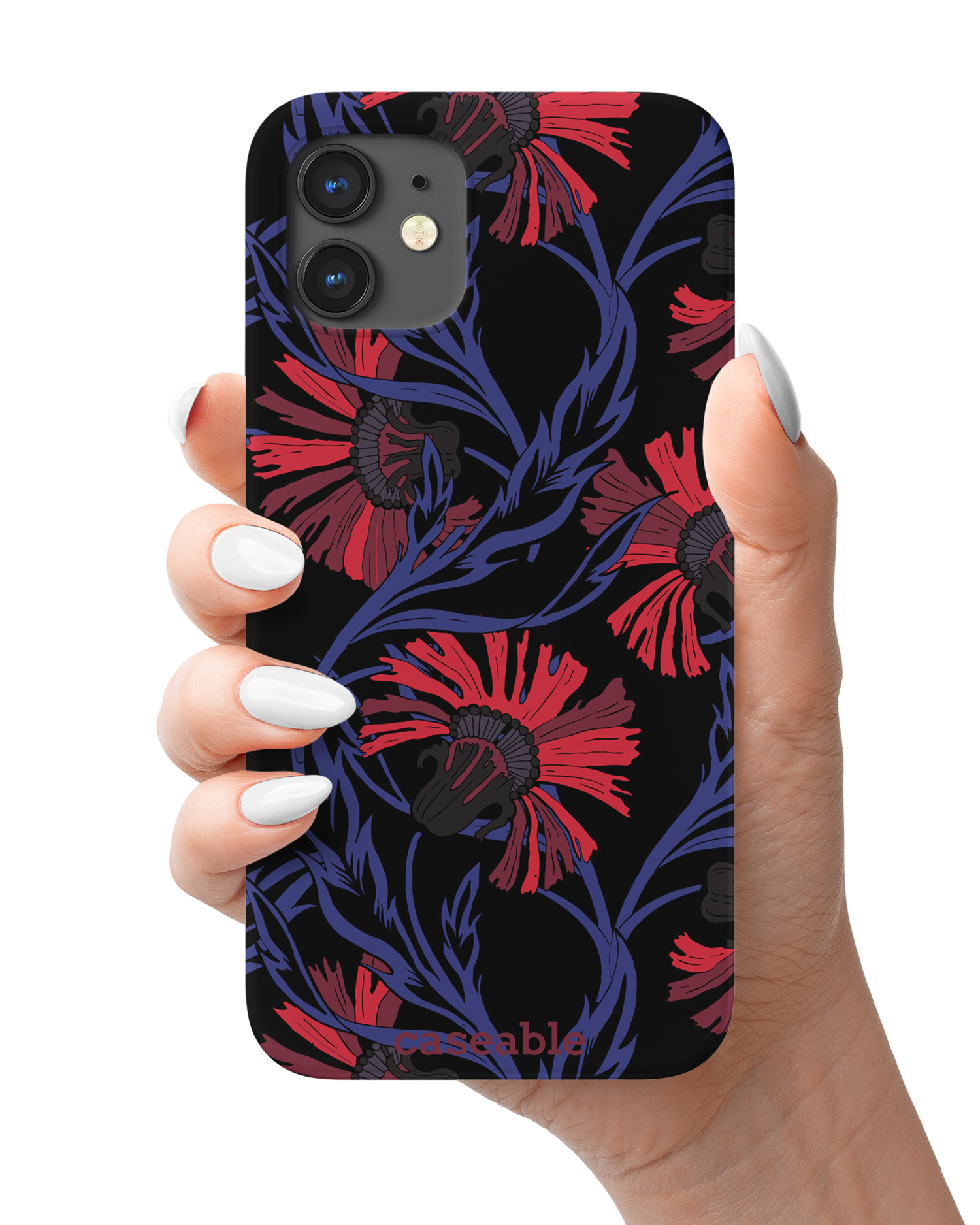 Midnight Floral Hard Shell Phone Case Apple iPhone 12 mini held in hand
