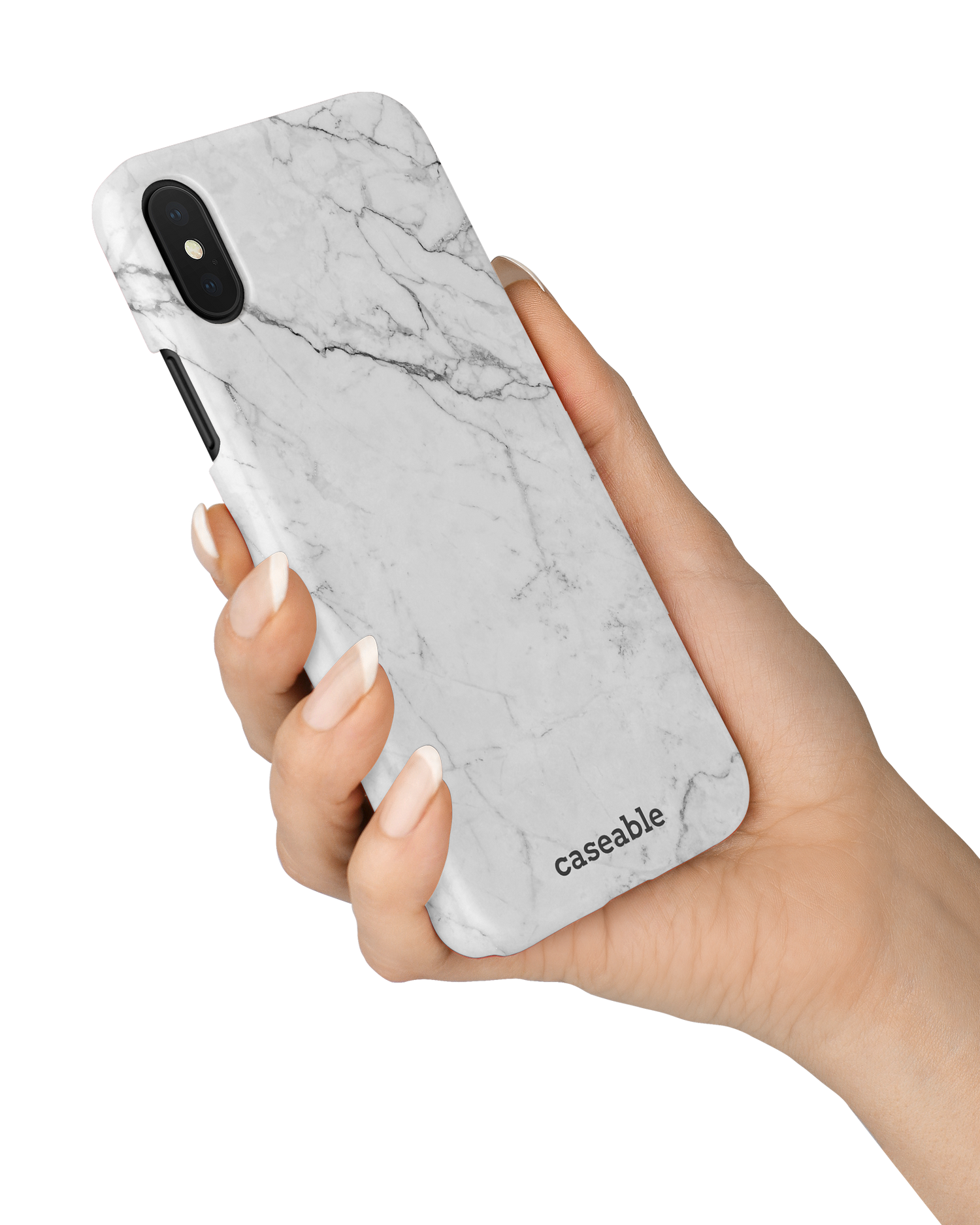 White Marble Hard Shell Phone Case Apple iPhone X, Apple iPhone XS held in hand