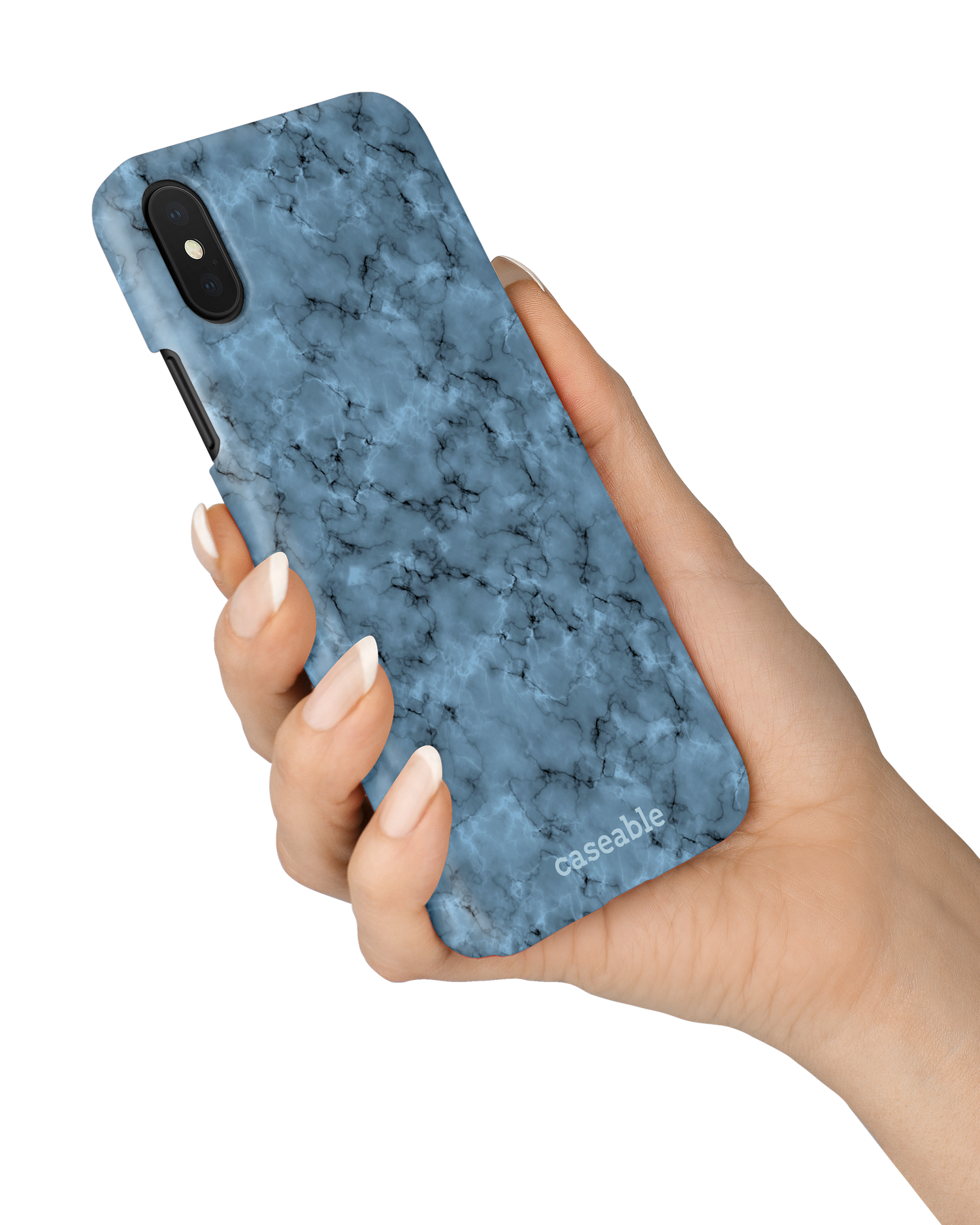 Blue Marble Hard Shell Phone Case Apple iPhone X, Apple iPhone XS held in hand