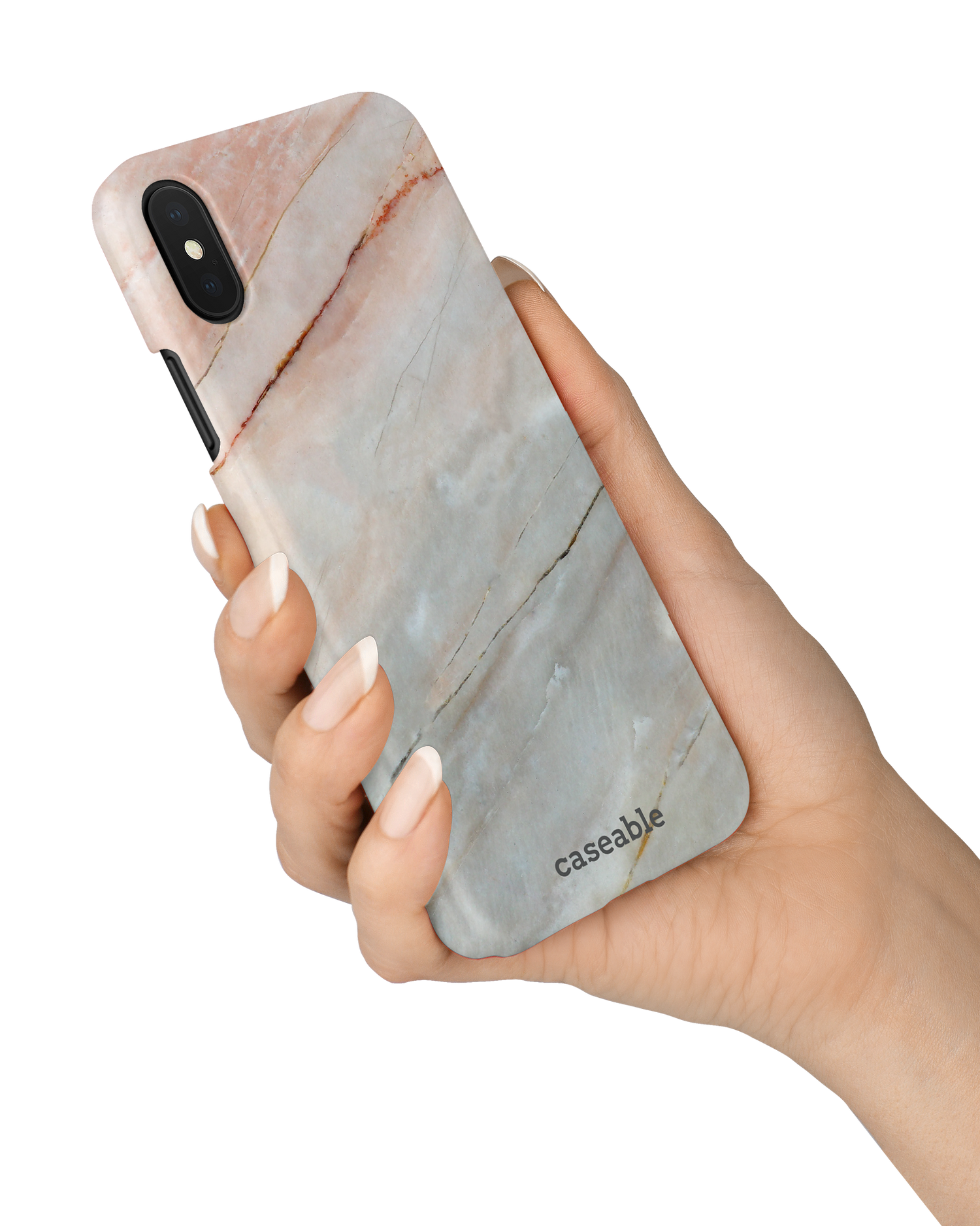Mother of Pearl Marble Hard Shell Phone Case Apple iPhone X, Apple iPhone XS held in hand