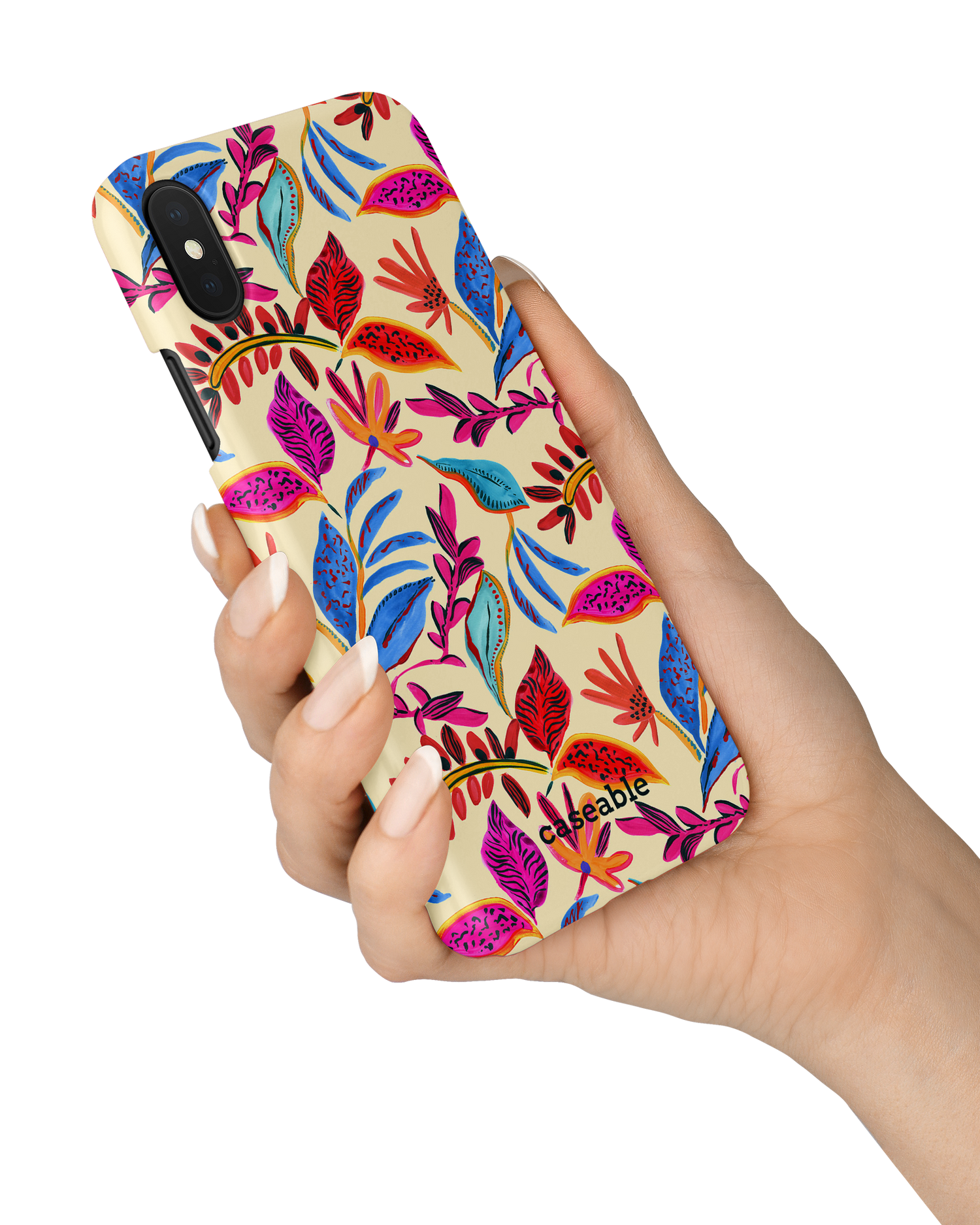 Painterly Spring Leaves Hard Shell Phone Case Apple iPhone X, Apple iPhone XS held in hand
