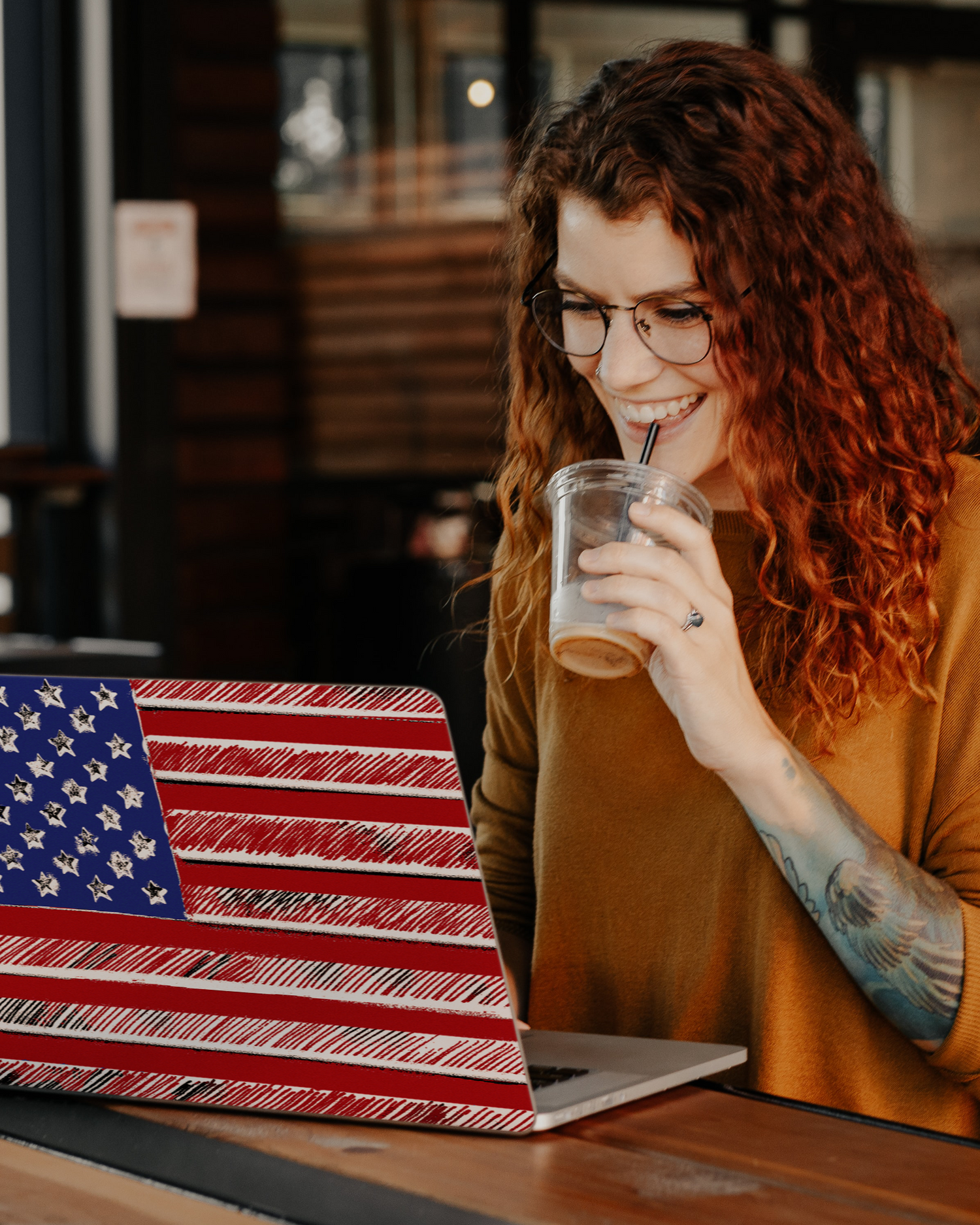 American Flag Color Laptop Skin for 13 inch Apple MacBooks in a bar