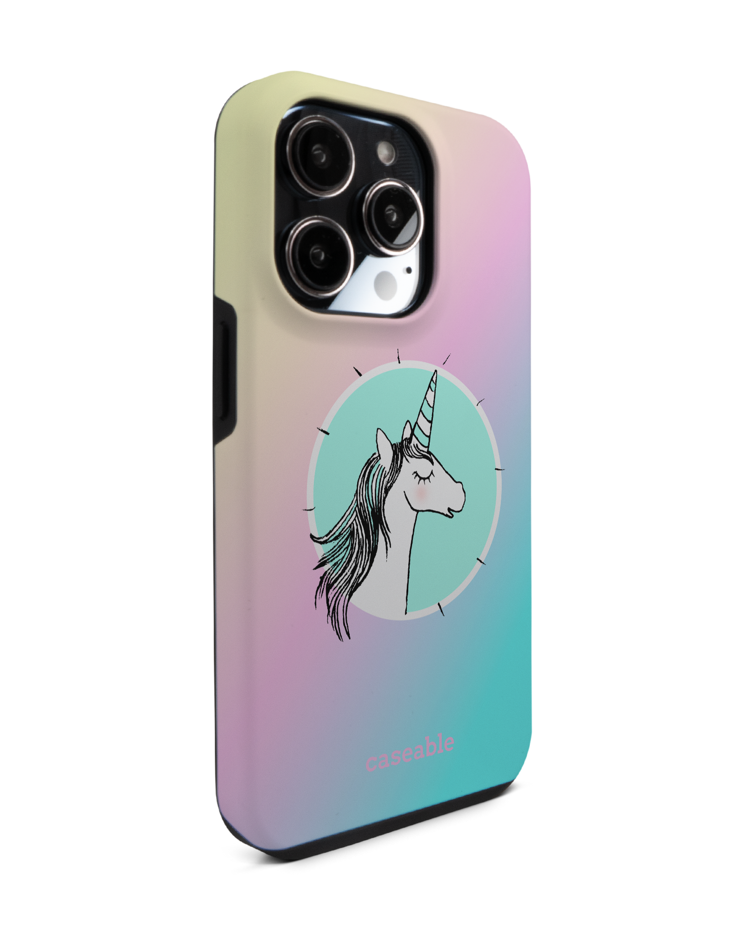 Happiness Unicorn Premium Phone Case for Apple iPhone 14 Pro: View from the left side