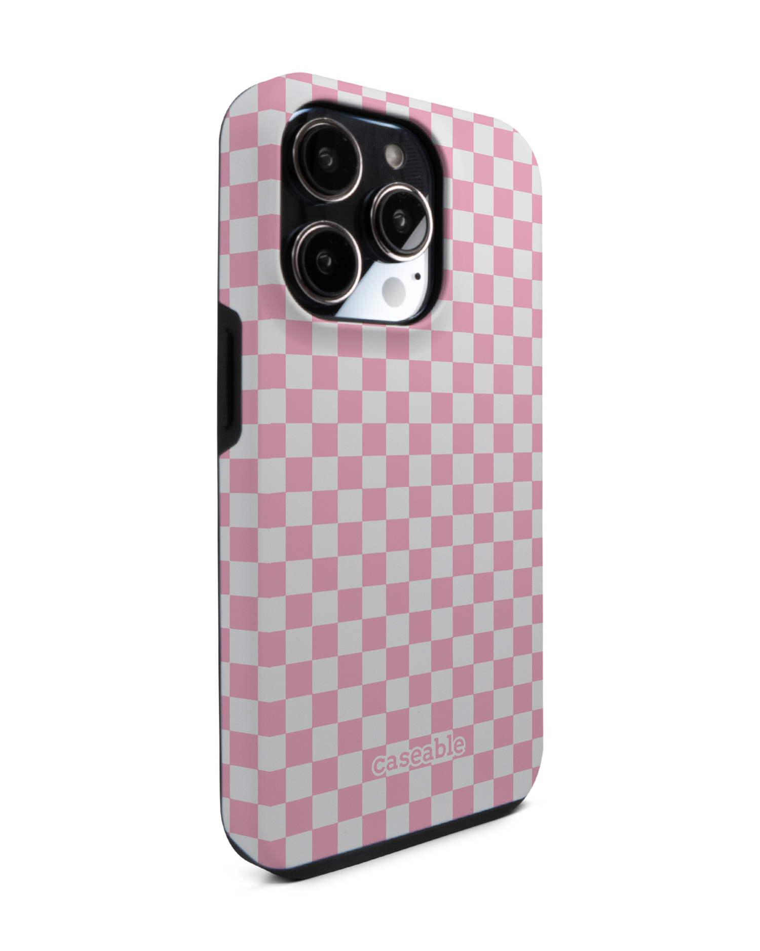 Pink Checkerboard Premium Phone Case for Apple iPhone 14 Pro: View from the left side